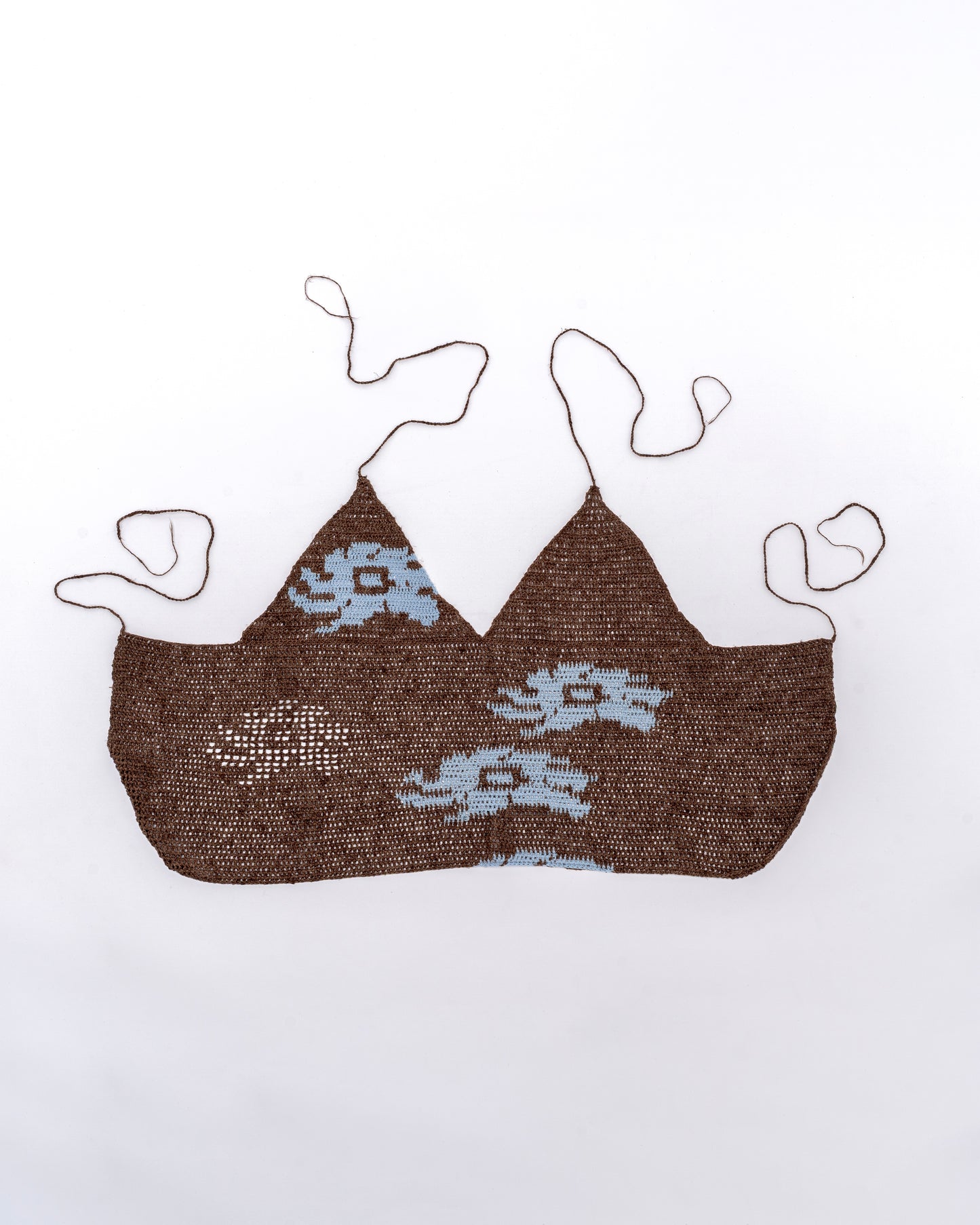 Ocean Blue Flowers on Brown Linen Crochet Top