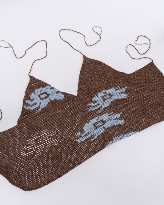 Ocean Blue Flowers on Brown Linen Crochet Top