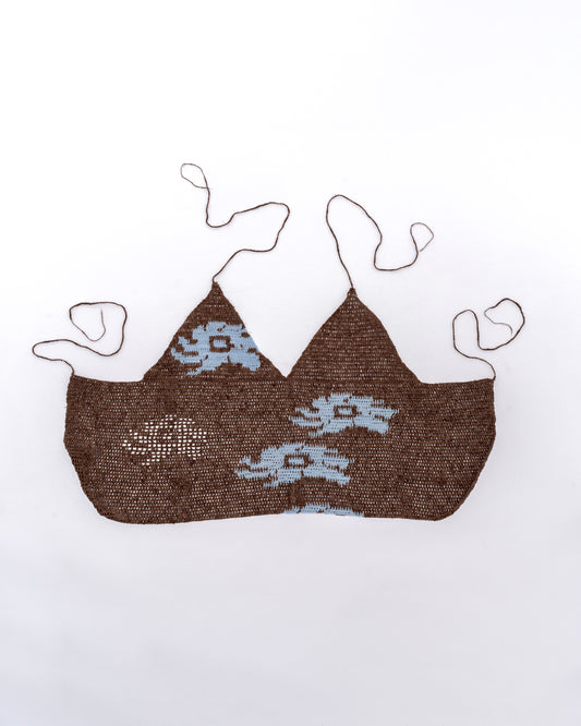 Ocean Blue Flowers on Brown Linen Crochet Top